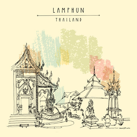 Lamphun, Thailand Postcard. Wat Mahawan Woramahawihan, old Buddhist temple. Royal monastery over 1,300 years old built by Queen Chamadevi. Hand drawn vintage touristic postcardのイラスト素材