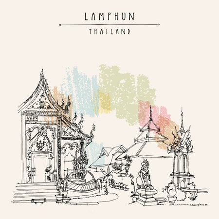 Lamphun, Thailand Postcard. Wat Mahawan Woramahawihan, old Buddhist temple. Royal monastery over 1,300 years old built by Queen Chamadevi. Hand drawn vintage touristic postcardのイラスト素材