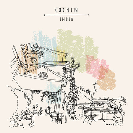 Cochin (Kochi), Kerala, South India postcard. Seaside cafe travel sketch drawing. Heritage building, tables and tropical plants in the garden in Fort Kochi. historical venueのイラスト素材