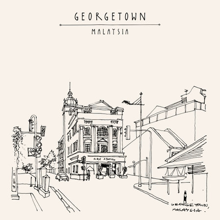 Georgetown, Penang, Malaysia, Southeast Asia postcard. Central fire station building sketch. Old historical street. hand drawing. Artistic travel sketch. Book illustration, posterのイラスト素材