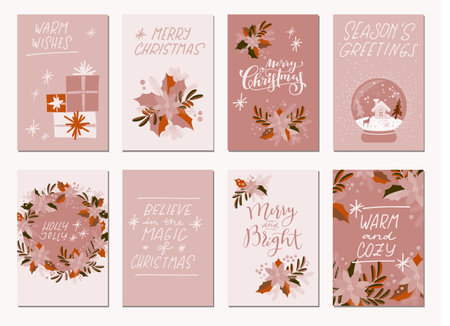 Set of Merry Christmas and Happy Holidays vintage hand drawn greeting cards, gift tags, postcards, posters in dusty pink neutral colors. Calligraphic Christmas typography artworkのイラスト素材