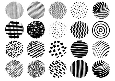 Hand drawn round doodle squiggles. Artistic design elements for social media highlights. Doodle sketch patterns in circles. Lines, stripes, stripes, waves and curvesのイラスト素材