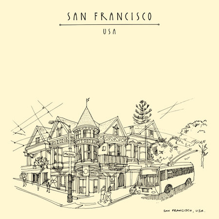 San Francisco, California, USA vintage hand drawn postcard or posterのイラスト素材