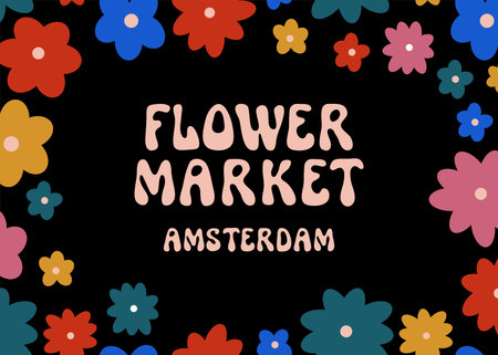 Flower Market Amsterdam wall art poster. Floral groovy psychedelic design. Trippy simple geometric flower market room decor. Colorful flowers kitchen decoration. Multicolored retro hippie printのイラスト素材