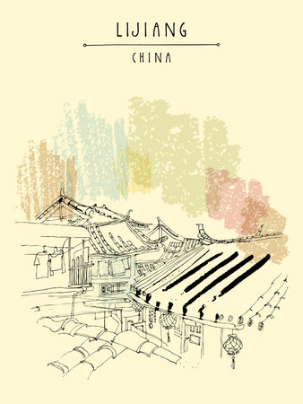 Lijiang, China postcard. Traditional Chinese wooden houses in Lijiang, Yunnan, China. Artistic hand drawing. travel sketch. Vintage style travel poster, banner, postcardのイラスト素材