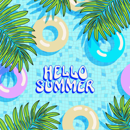 Hello Summer greeting card. Y2K style modern Memphis 90s psychedelic postcard. Surface design...