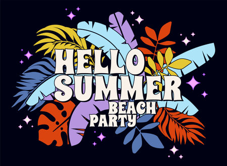 Colorful Hello Summer Beach Party greeting card. Bright neon electric colors y2k style. Summertime palm tree leaves background. Social media post template. Exotic tropical wallpaper, flyer, poster designのイラスト素材