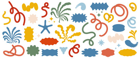 Trendy quirky shapes. Strange organic and geometric shapes, icons, objects. Various contemporary abstract stylish brutalism geometric shapes. Modern abstract doodles for posters and printsのイラスト素材