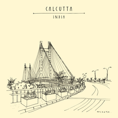 Kolkata (Calcutta), India postcard. Vidyasagar Setu bridge artistic cityscape. West Bengal travel sketch. Hand drawn Calcutta tourism posterのイラスト素材
