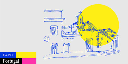 Faro, Portugal postcard. Street in old town, cozy aged houses and a church. Artistic drawing. Algarve travel sketch in bright vibrant colors. Modern hand drawn tourist poster illustrationのイラスト素材