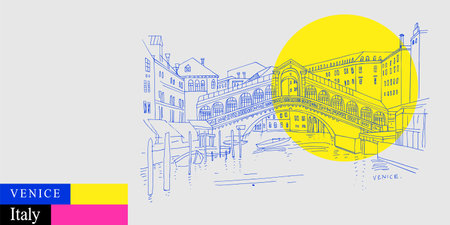 Venice, Italy, Europe postcard. Famous Rialto bridge across the Grand canal. Artistic Venezia travel sketch drawing in bright vibrant colors. Modern hand drawn touristic poster, book illustrationのイラスト素材
