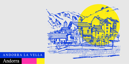 Andorra la Vella postcard. Cozy European town in Pyrenees. retro hand drawing. Andorra travel sketch in bright vibrant colors. Modern hand drawn touristic poster, book illustrationのイラスト素材