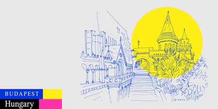 Budapest, Hungary postcard. Fisherman's Bastion (Halaszbastya) in Buda Castle on Buda Hill. Neo-Romanesque lookout terraces. bright artistic travel sketch. modern hand drawn touristic posterのイラスト素材