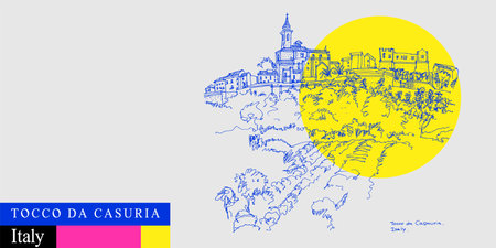 Tocco da Casauria, Pescara, Abruzzo, Southern Italy postcard. Church, castle and vinery landscape drawing. Bright travel sketch. Modern hand drawn touristic poster, wine package illustrationのイラスト素材