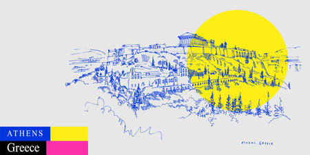 Parthenon temple and the Acropolis hill in Athens, Greece. Ancient Greek historical landmark postcard. Artistic travel sketch in bright vibrant colors. Modern hand drawn tourist poster illustrationのイラスト素材
