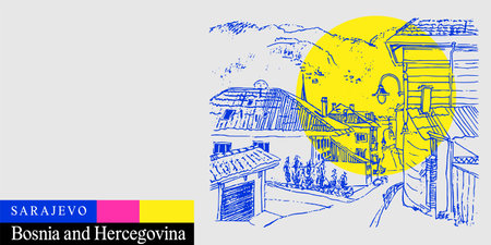 Sarajevo, Bosnia postcard. Balkans, South Europe. Former Yugoslavia. Street in old town with mosque. Bright artistic travel sketch. Modern hand drawn touristic poster, book illustrationのイラスト素材