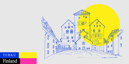 Turku, Finland postcard. Medieval European Turku castle retro drawing. Travel sketch in bright vibrant colors. Modern hand drawn touristic poster, book illustrationのイラスト素材