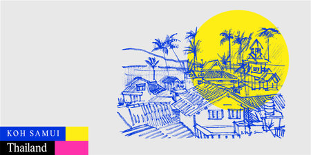 Koh Samui, Thailand drawing postcard. Tropical island resort with palm trees jungle. Artistic Southeast Asia travel sketch in bright vibrant colors. modern touristic hand drawn touristic posterのイラスト素材
