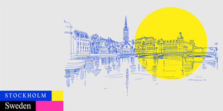 Stockholm postcard. Panorama of Stockholm, Sweden, Scandinavia, Europe. Gamla Stan (Old town) travel sketch in bright vibrant colors. Modern hand drawn swedish tourism poster illustrationのイラスト素材