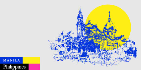 Manila, Philippines drawing postcard. Manila Cathedral, Intramuros, Manila Philippines, Southeast Asia. Artistic travel sketch in vibrant colors. Modern hand drawn tourist poster illustrationのイラスト素材