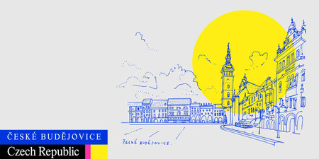 Ceske Budejovice (Budweis), South Bohemia, Czech Republic, Europe. Artistic travel sketch in bright vibrant colors. Modern hand drawn touristic poster, book illustrationのイラスト素材