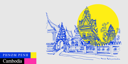 Phnom Penh, Cambodia postcard. Wat Ounalom, main Cambodian Buddhist temple. Artistic travel sketch in bright vibrant colors. Modern hand drawn touristic poster, banner, book illustrationのイラスト素材