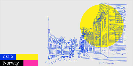 Oslo, Norway, Scandinavia, Europe postcard. Street in downtown, old buildings. Artistic travel sketch in bright vibrant colors. Modern hand drawn touristic poster, banner, book illustrationのイラスト素材