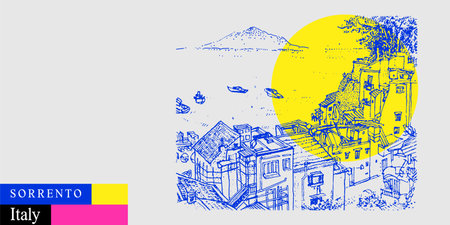 Sorrento, Italy postcard. Amalfi coast above view. Vesuvio volcano, trees, sea. Artistic travel sketch in bright vibrant colors. Modern hand drawn touristic poster, book illustrationのイラスト素材