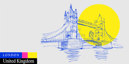 London, England, United Kingdom postcard. Famous Tower bridge on the river Thames. UK artistic travel sketch in bright vibrant colors. Modern British hand drawn touristic poster, book illustrationのイラスト素材