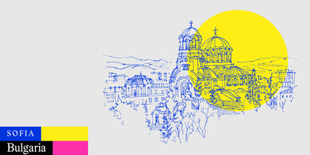 Sofia, Bulgaria postcard. St. Alexander Nevsky Cathedral. Artistic travel sketch in bright vibrant colors. Modern hand drawn touristic poster, book illustrationのイラスト素材