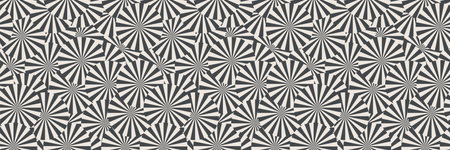 Geometric optical illusion hypnotic seamless pattern. Black and white sunburst banner. Monochrome retro inspired op art psychedelic backgroundのイラスト素材