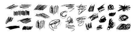 Set of grungy graphic dirty scribble elements. Hand drawn textured punk style hatching. Black charcoal pencil doodle scratches, hatches, scribbles and marks. Each element is united and isolatedのイラスト素材