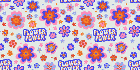 Retro groovy daisy psychedelic seamless repeat with cute Flower Power typography. Cool retro bold flower repeat background. Kids cartoon y2k trippy funky hippie vintage floral print patternのイラスト素材