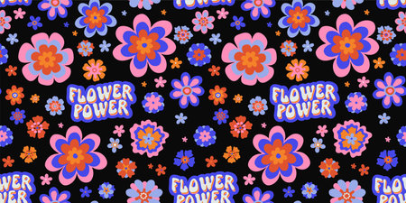 Retro groovy daisy psychedelic seamless surface pattern with cute Flower Power typography. Cool retro bold flower repeat background. Positive vibes funky hippie vintage floral repeating printのイラスト素材