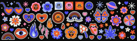 Set of groovy psychedelic stickers, emoticons, flowers, stars. Bold retro illustrations set. Trippy social media emojis. Cool funky hippie labels, patches, icons. Faces with different emotionsのイラスト素材