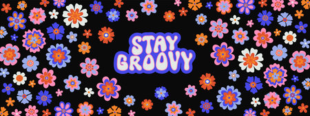 Retro groovy psychedelic seamless daisy pattern. Bold retro psychedelic banner on black backdrop. Stay Groovy typography. Cool bright floral background. Cool funky hippie vintage daisies bannerのイラスト素材