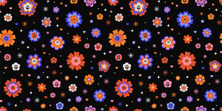 Retro groovy smiley daisies psychedelic seamless surface pattern. Cute hippie ditsy daisy flowers with emotional faces. Cool retro bold floral repeat backdrop. Bright funky vintage floral printのイラスト素材