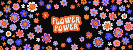 Retro groovy 70s psychedelic daisy pattern. Bold retro psychedelic banner, black backdrop. Flower Power typography sticker. Cool bright floral background. Funky hippie trippy horizontal daisies bannerのイラスト素材