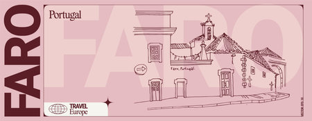 Faro, Portugal banner. Street in old town, cozy aged houses and a church. Artistic drawing. Algarve artistic travel sketch in vintage colors. Modern hand drawn touristic ticket templateのイラスト素材