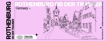 Rothenburg ob der Tauber, Germany, Europe postcard. Medieval Siebers Tower historic gate, old houses. Travel sketch on pink background. Modern hand drawn touristic banner in neubrutalism styleのイラスト素材