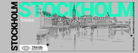 Stockholm postcard. Panorama of Stockholm, Sweden, Scandinavia, Europe. Gamla Stan (Old town) travel sketch drawing on gray background. Modern hand drawn touristic banner in neubrutalism styleのイラスト素材