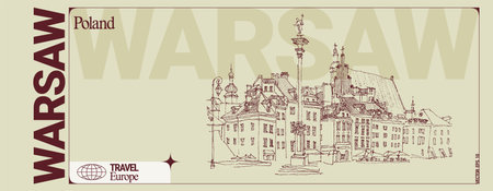 Warsaw, Poland postcard. Castle Square in old center. historical buildings. Artistic travel sketch in vintage colors. Modern british hand drawn touristic ticket templateのイラスト素材
