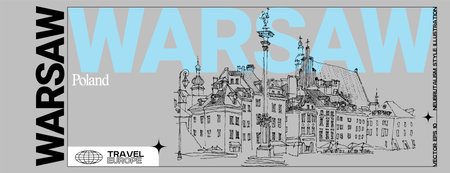 Warsaw, Poland postcard. Castle Square in old center. historical buildings. Artistic travel sketch. Brutal gray background. Modern hand drawn touristic banner template, neobrutsalism illustrationのイラスト素材