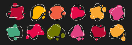 Abstract blob shapes set. Irregular organic flat design elements. Colorful amoeba fleck splotches. Liquid uneven spots. Asymmetric fluid splodge form spots. Amorphous blob silhouette collectionのイラスト素材