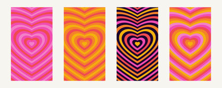Set of hypnotic heart shape tunnels. Groovy style concentric hearts. Bright vintage love wallpapers. Mobile screen size vertical psychedelic 70s banners. Cute retro abstract y2k backgroundsのイラスト素材