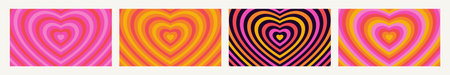 Set of hypnotic heart shape tunnels. Groovy style concentric hearts. Bright vintage love wallpapers. Mobile screen size horizontal psychedelic 70s banners. Cute retro abstract y2k backgroundsのイラスト素材