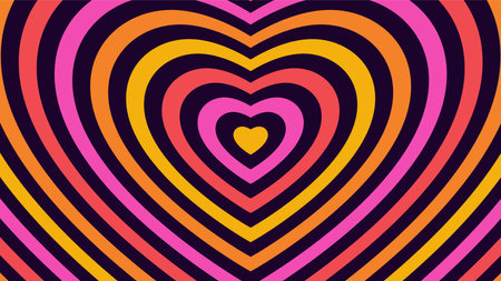 Hypnotic heart shape tunnel. Groovy style psychedelic concentric hearts. Bright vivid colorful vintage love wallpaper. Cool 70s nostalgia banner. Cute retro abstract y2k Valentine backgroundのイラスト素材