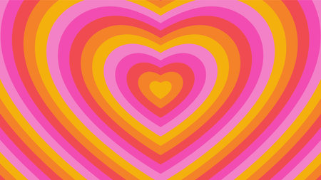 Hypnotic heart shape tunnel. Groovy style psychedelic concentric hearts. Bright vivid colorful vintage love wallpaper. Cool 70s nostalgia banner. Cute retro abstract y2k Valentine backgroundのイラスト素材