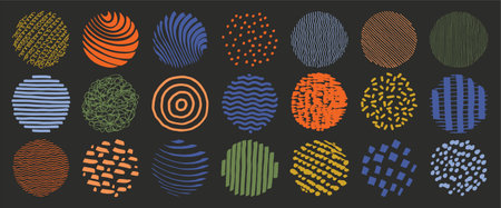 Hand drawn pattern set. abstract line patterns. Modern round icons. texture pattern collection. Contemporary scribbles isolated on black background. Lines, stripes, stripes, waves and curvesのイラスト素材