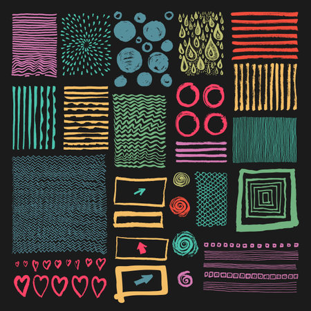 Multicolored grungy hand drawn textures on black background. Lines, circles, crosses, smears and spiral set. Arrows, waves, spirals, scales, hearts, brush strokes collection. Drops, sunbursts, squares hand drawn elementsのイラスト素材